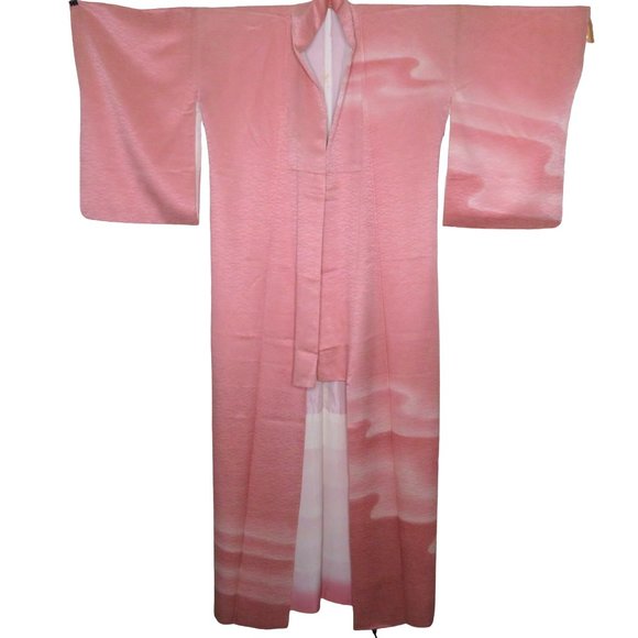 Japanese Kimono Silk Houmongi Vintage Pink Coral Peach Wave Water 63in Tsukesage - Picture 8 of 10